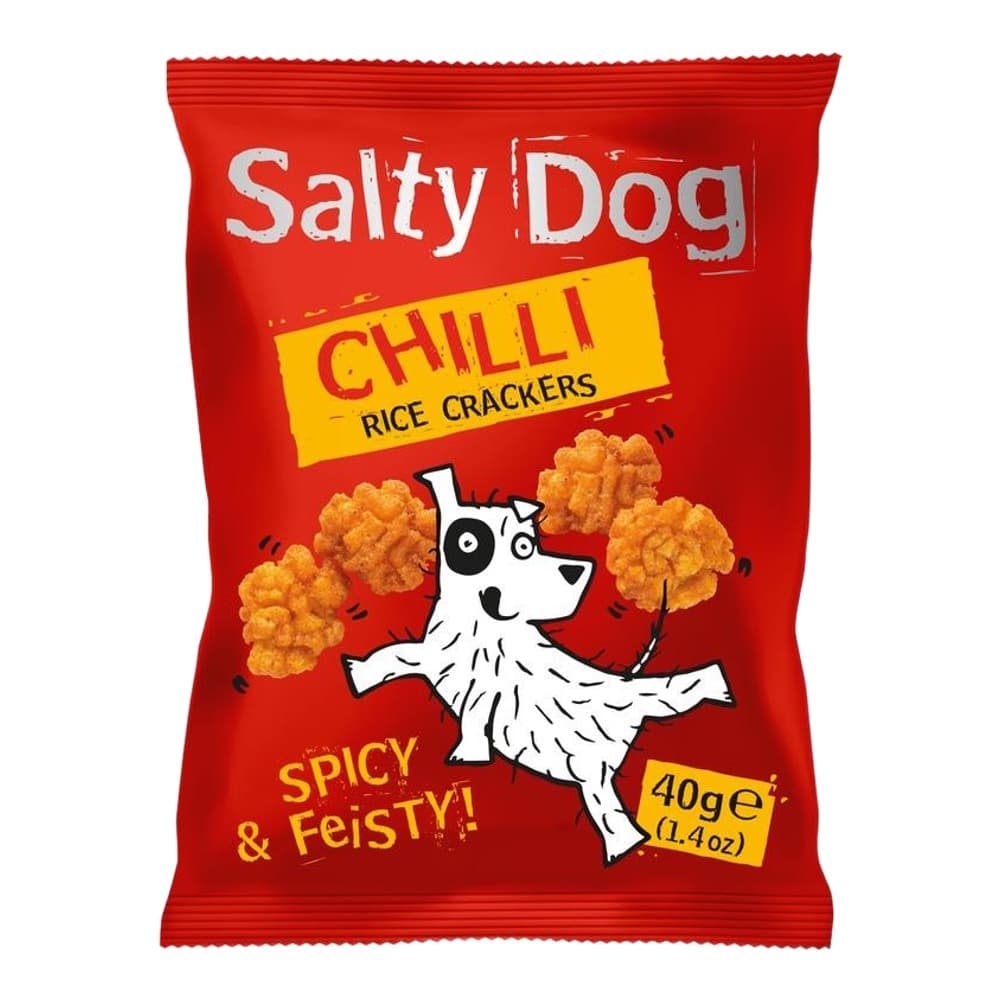 Red packet of Salty Dog Chilli Rice Crackers featuring a white cartoon dog juggling orange crackers, with 'Spicy & Feisty' text and 40g weight indication.