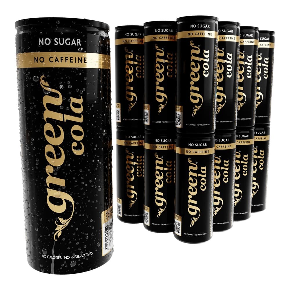 Black cans of Greenup cola with gold branding displayed on white background, showing no sugar and no caffeine variants