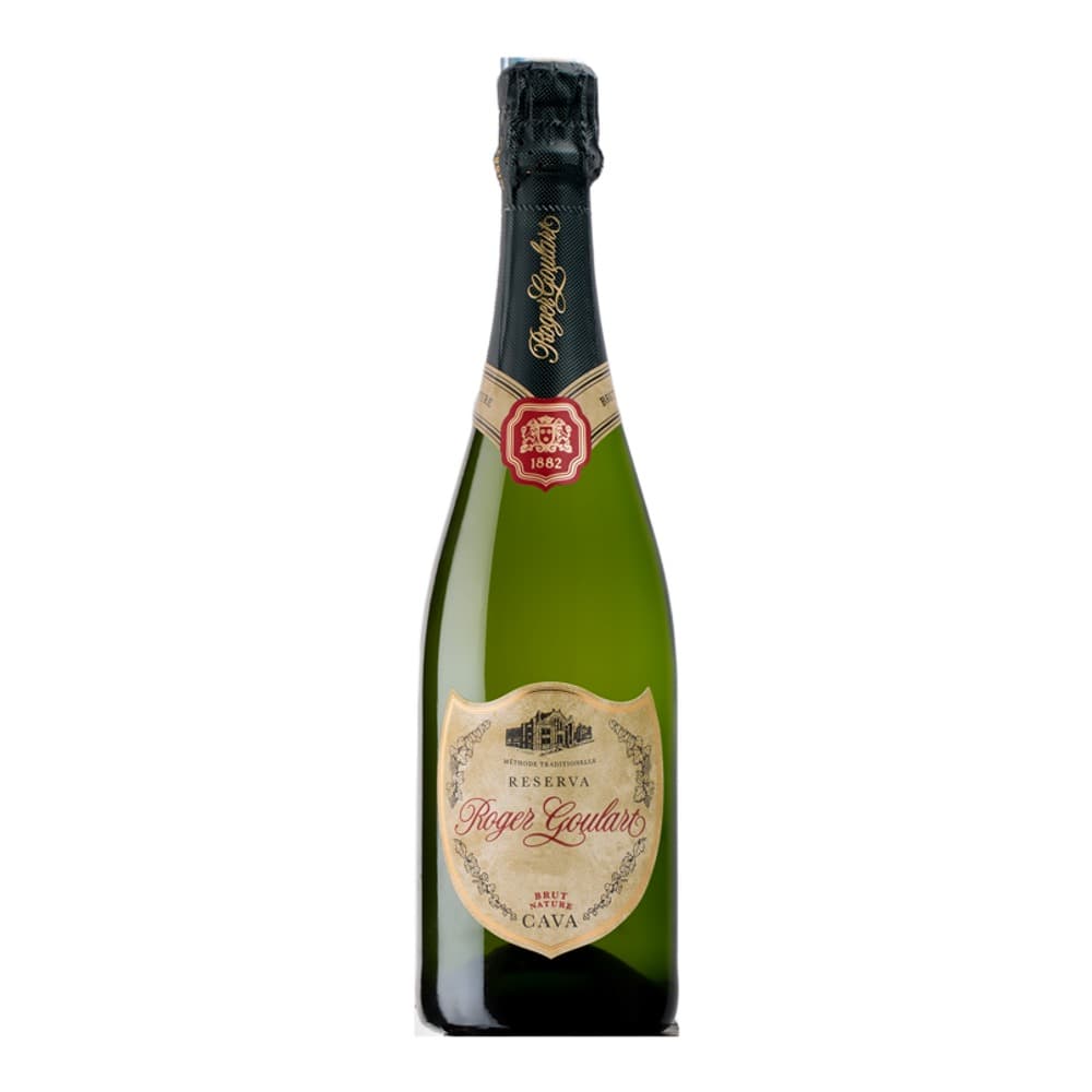 A bottle of Roger Goulart Reserva Cava sparkling wine with a green glass bottle and beige label featuring an estate building illustration.