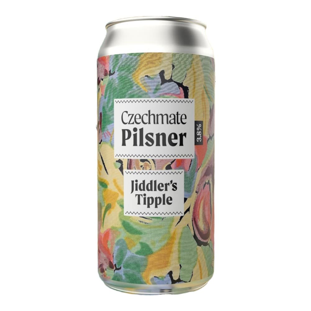 A silver and white Czechmate Pilsner beer can with Jiddler's Tipple branding displayed against a vibrant, multicoloured abstract painted fabric backdrop.