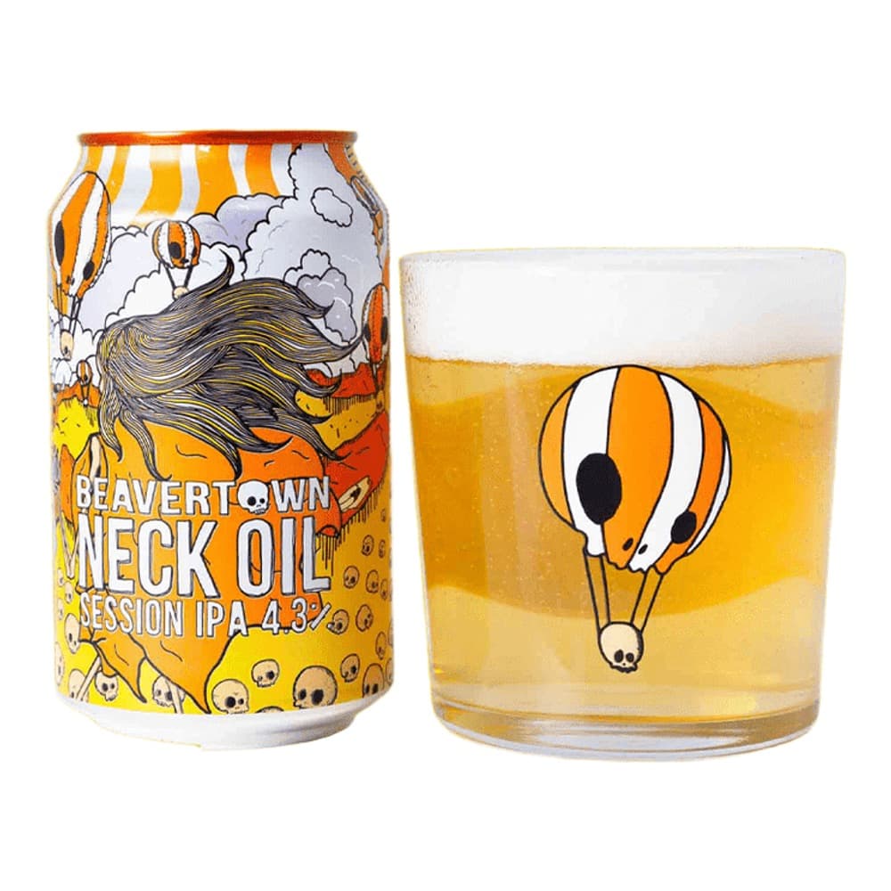 A can of Beavertown Neck Oil Session IPA beer next to a glass filled with golden beer, displayed against a bright yellow background.