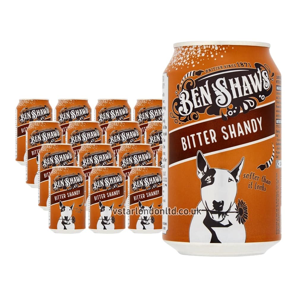 A multi-pack display of Ben Shaws Bitter Shandy cans on a white background, featuring the brand logo and product name on orange and brown packaging.