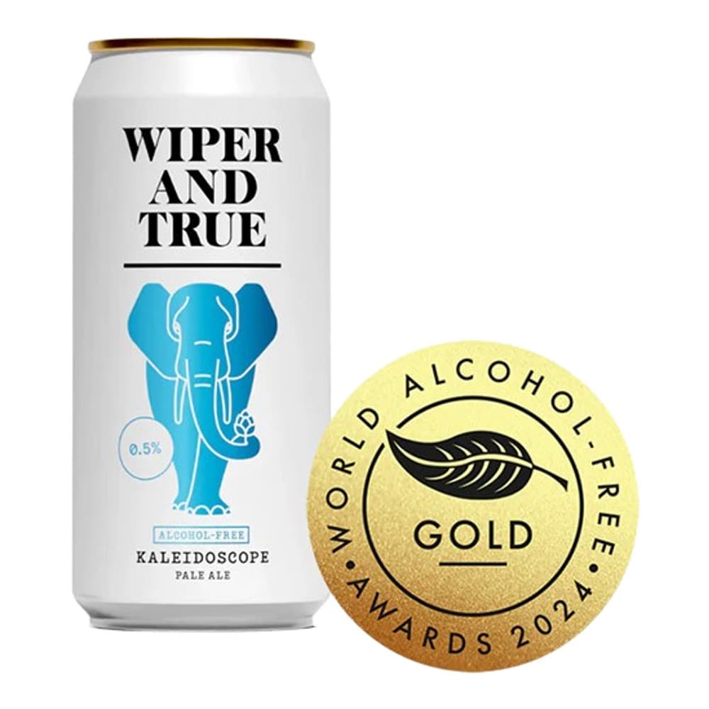 White aluminium can of Wiper and True Kaleidoscope Pale Ale featuring a blue elephant illustration, displayed with a World Alcohol Free Awards 2024 gold medal