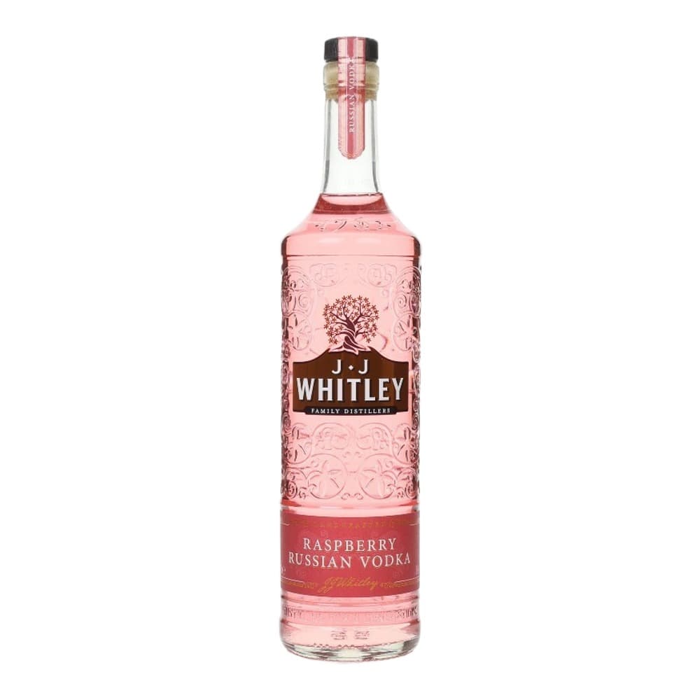 A bottle of J.J Whitley Raspberry Russian Vodka on a white background featuring an ornate pink glass design and red label.
