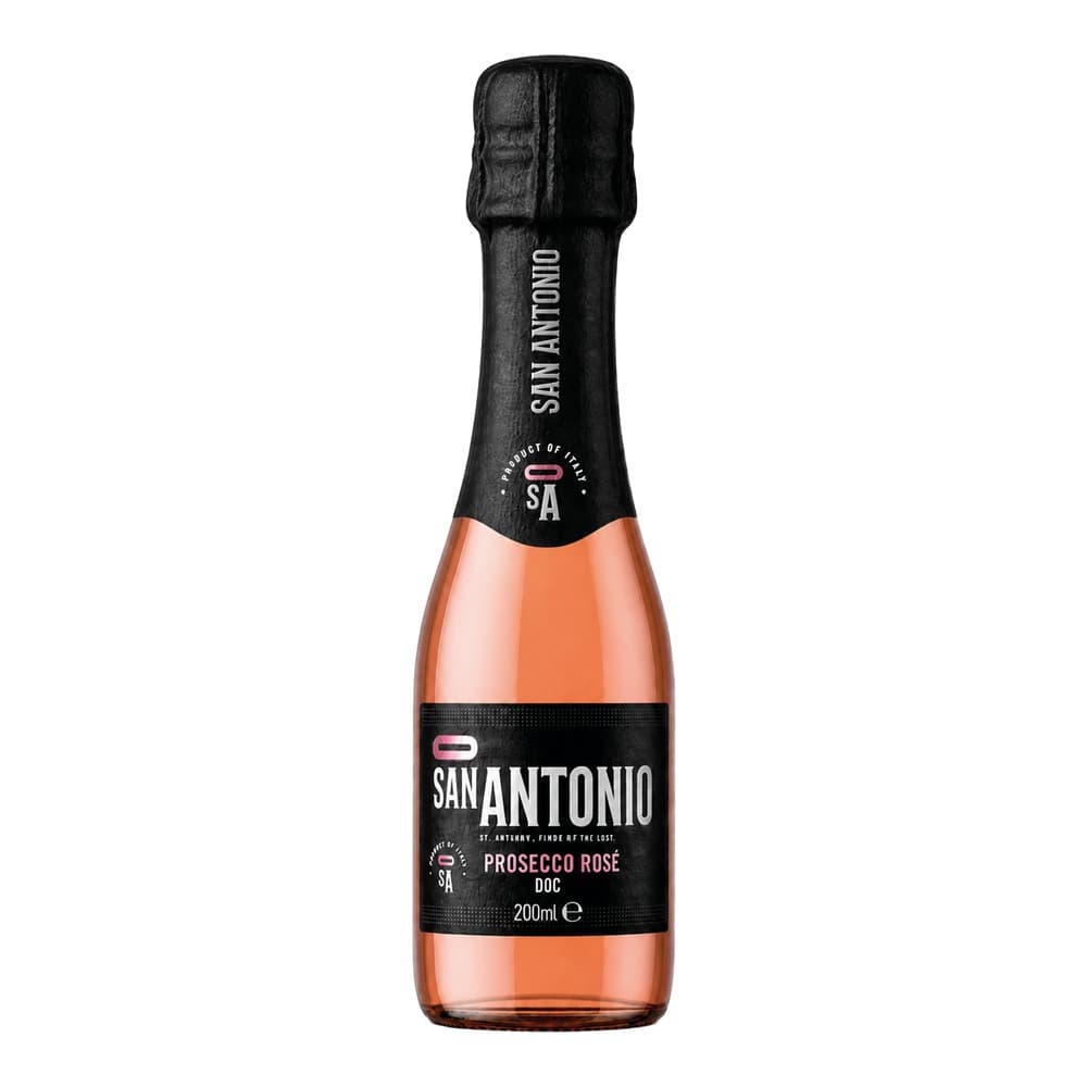A 200ml bottle of San Antonio Prosecco Rosé DOC with black foil cap and black label on white background