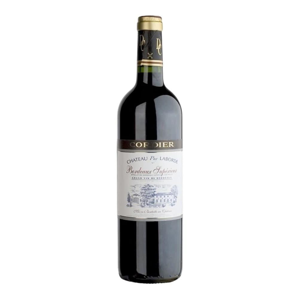 A 750ml bottle of Château De Laborde Bordeaux Supérieur red wine with a dark label and gold foil top against a plain white background.