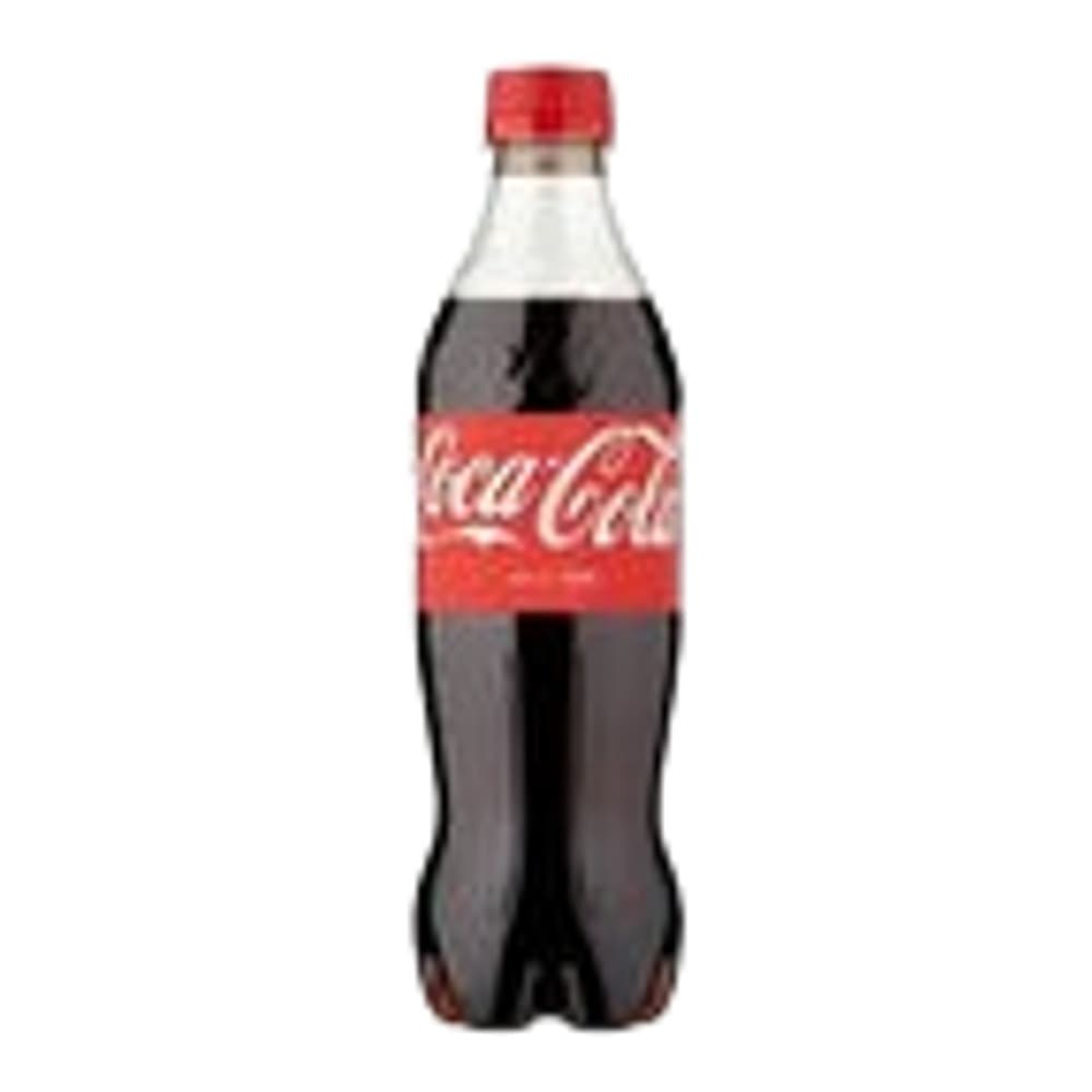 A single Coca-Cola plastic bottle with red cap and iconic branding on a white background.