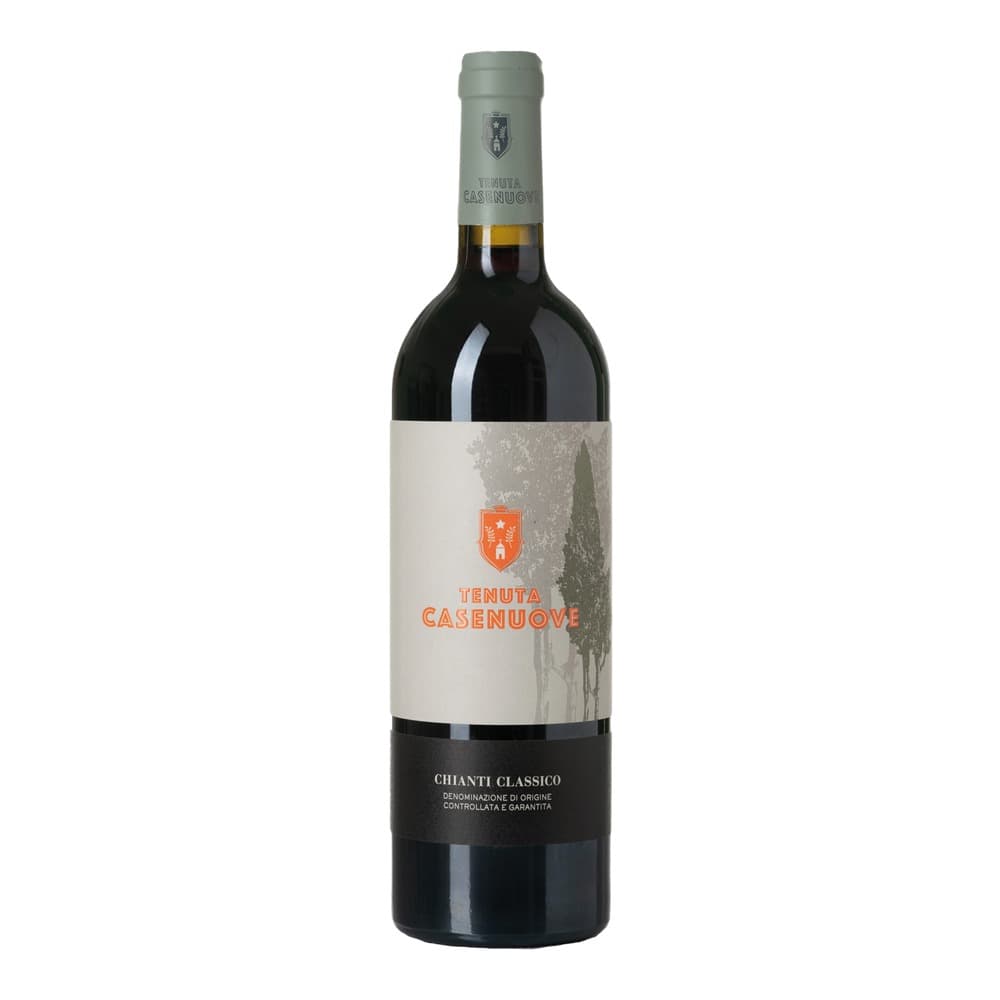 A bottle of Tenuta Casenuove Chianti Classico red wine with grey foil cap and cream label featuring an orange crest and cypress tree imagery, photographed against a white background.