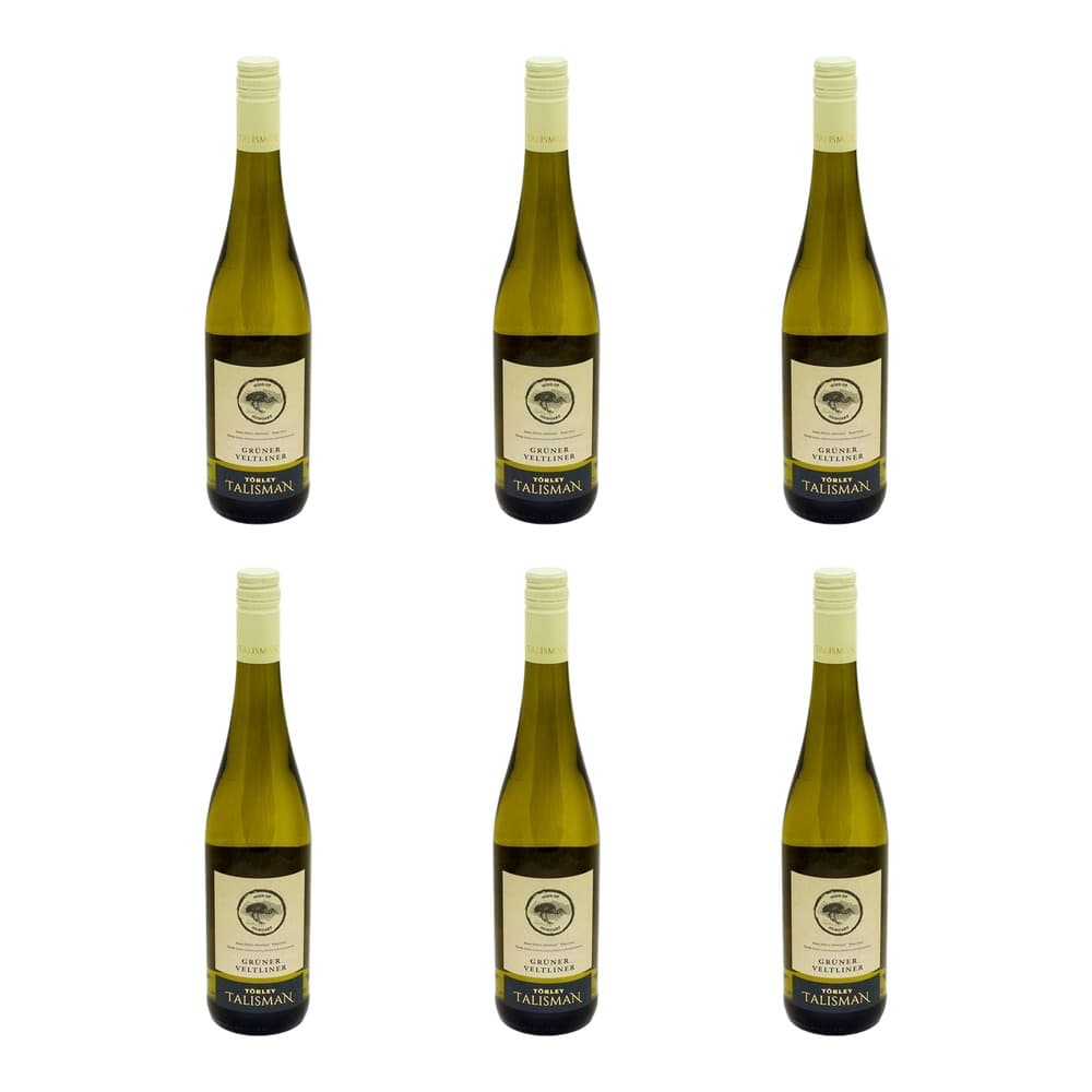 Six bottles of Tomaz Talisman Grüner Veltliner white wine arranged on a white background, displaying pale yellow-green glass and cream and navy labels.
