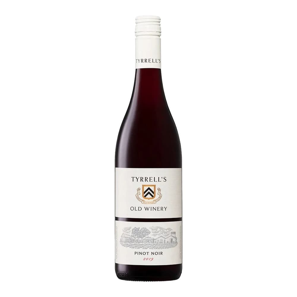 A bottle of Tyrrell's Old Winery Pinot Noir 2019 red wine against a white background, featuring a white and cream label with the brand crest and vintage year.