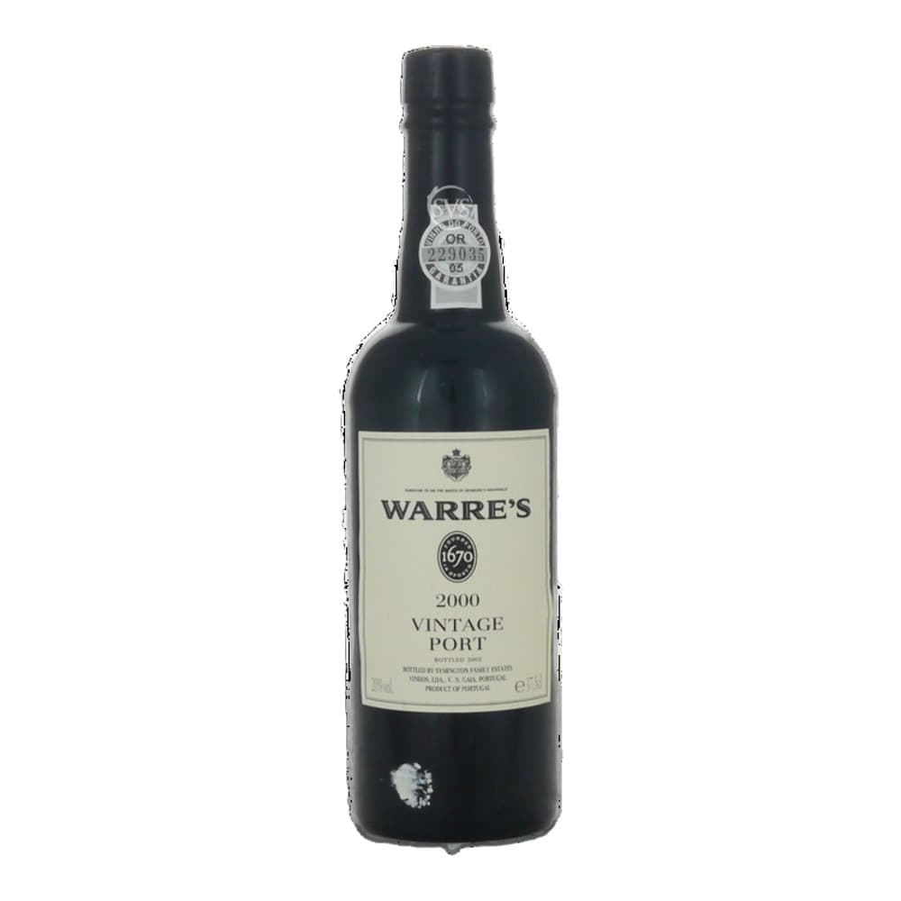 A bottle of Warre's 2000 Vintage Port wine against a plain white background.