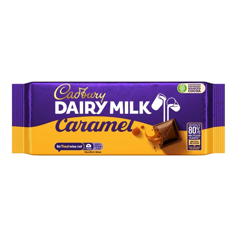Purple and gold packaging of Cadbury Dairy Milk Caramel chocolate bar with milk bottle logo and sustainability certification badge