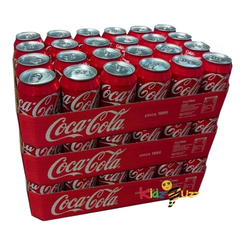 A display pack of 24 red Coca-Cola aluminium cans arranged in rows with the iconic white Coca-Cola script logo visible on the packaging.