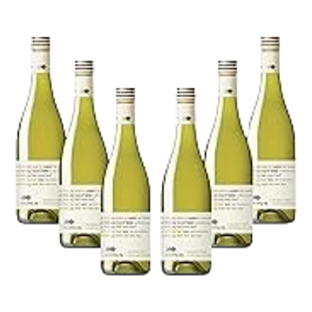 Six white wine bottles arranged in a row on a plain white background, showing packaging and labels clearly