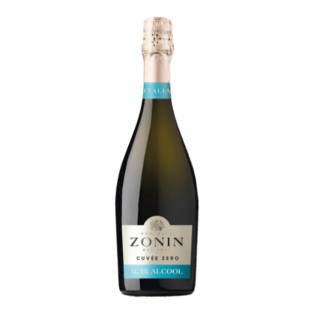 A bottle of Zonin Cuvée Zero low-alcohol sparkling wine with a turquoise label against a white background.