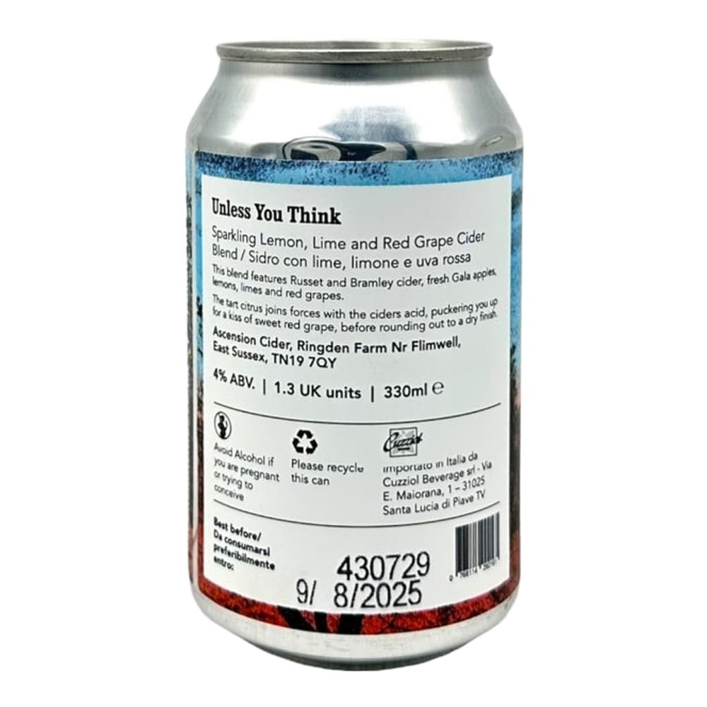 A 330ml aluminium can of Unless You Think sparkling lemon, lime and red grape cider against a plain white background.
