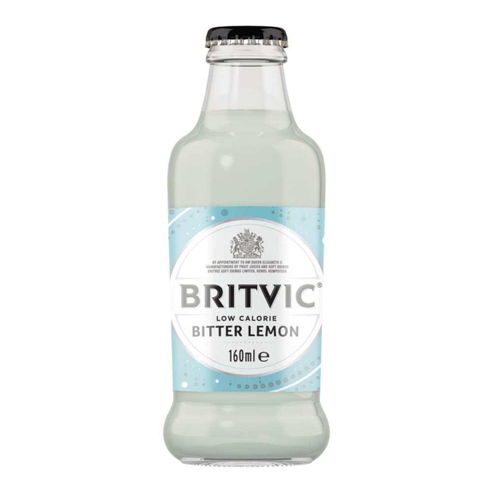 A 160ml glass bottle of Bruvic Low Calorie Bitter Lemon with a black cap and light blue label on a white background.