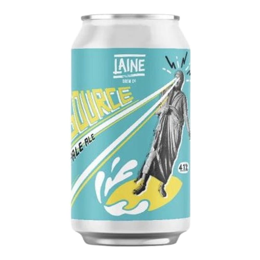 A turquoise and yellow beer can from Laine brewery featuring a stylised pelican design on a white background.