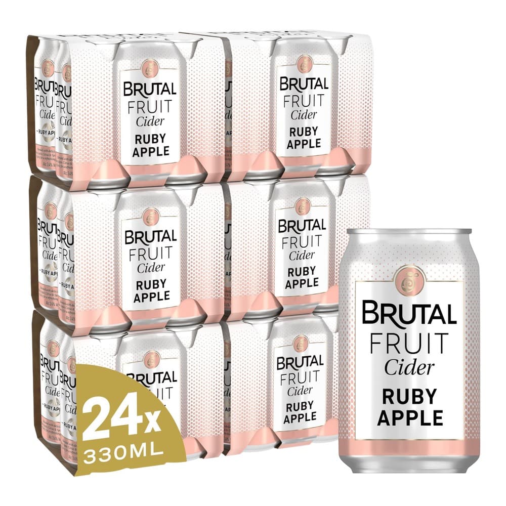 Brutal Fruit Ruby Apple Cider cans displayed as a 24-pack on white background with single can shown separately
