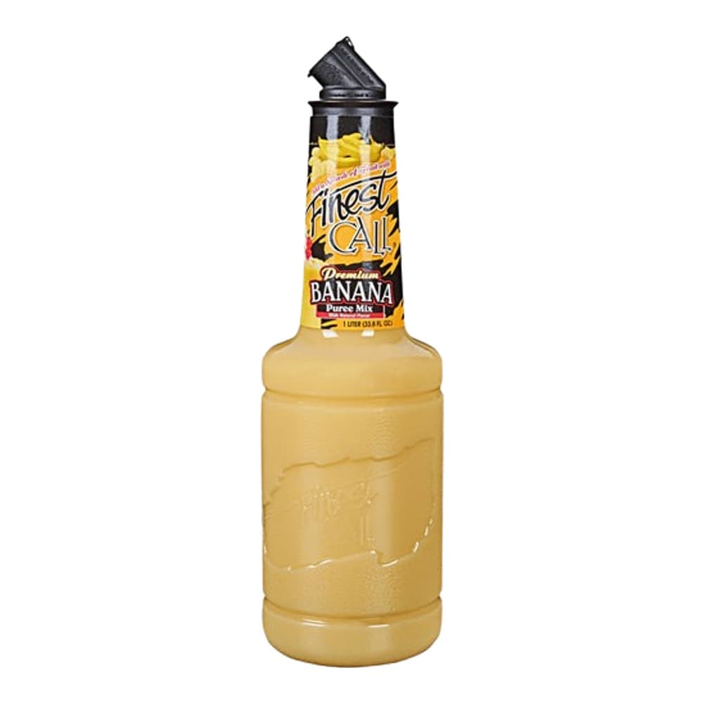A 1-litre bottle of Pucker Banana flavoured schnapps with a yellow label and black cap on a white background.