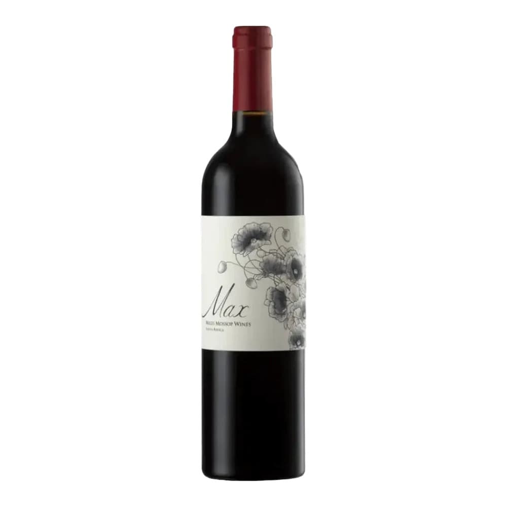 A bottle of Nox wine from Mills Mansion Wines with a burgundy foil capsule and cream label featuring black poppy flower illustrations.