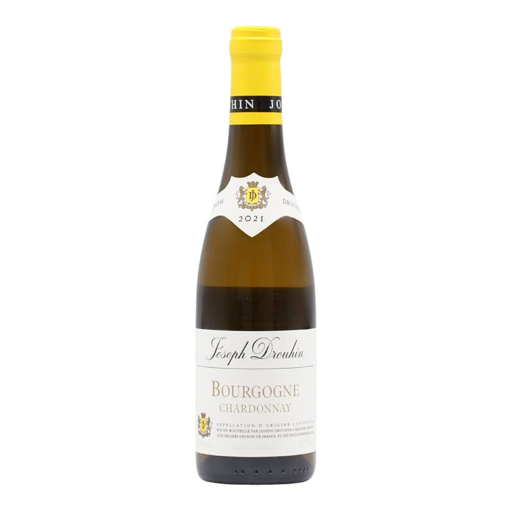 A bottle of Joseph Drouhin Bourgogne Chardonnay 2021 white wine with yellow foil capsule on a white background.