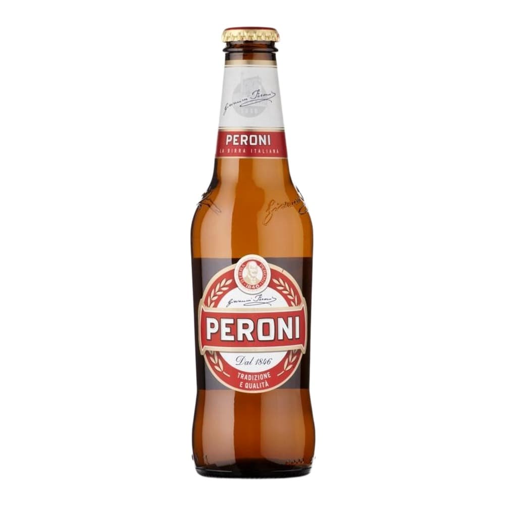 A bottle of Peroni beer with a red and white label on a plain white background