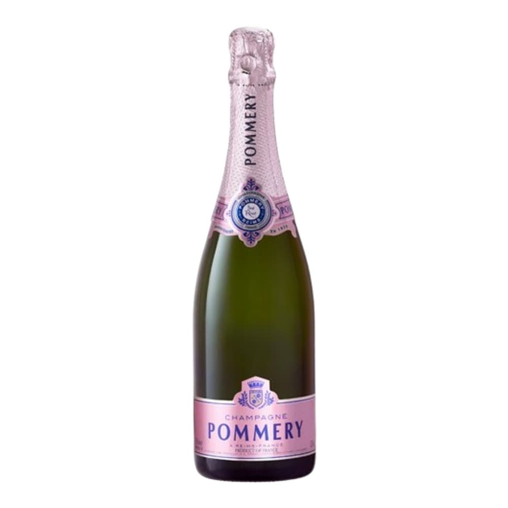 A bottle of Pommery rosé champagne with pink foil wrapping and label, photographed against a white background.