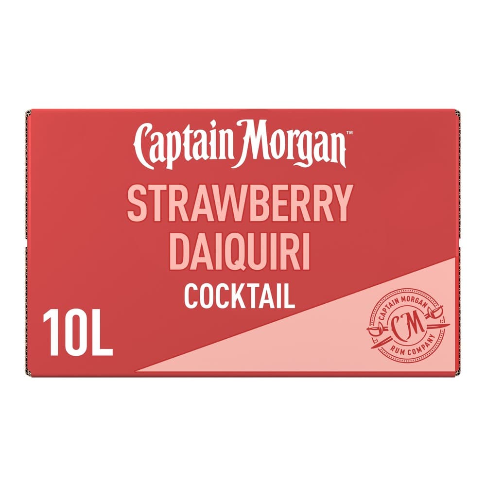 Red carton packaging for Captain Morgan Strawberry Daiquiri Cocktail in a 10 litre size, displayed against a plain white background.