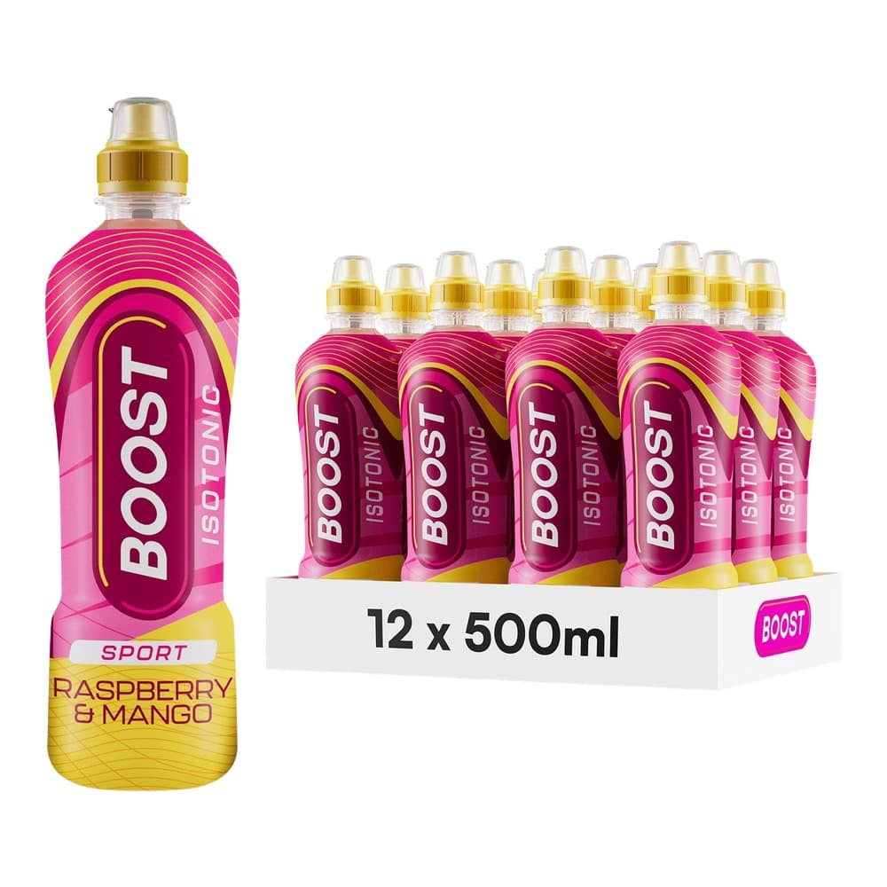 Product pack shot of Boost Sport Isotonic Drink in Raspberry & Mango flavour, showing one large bottle on the left and a 12-pack of 500ml bottles displayed on a white background