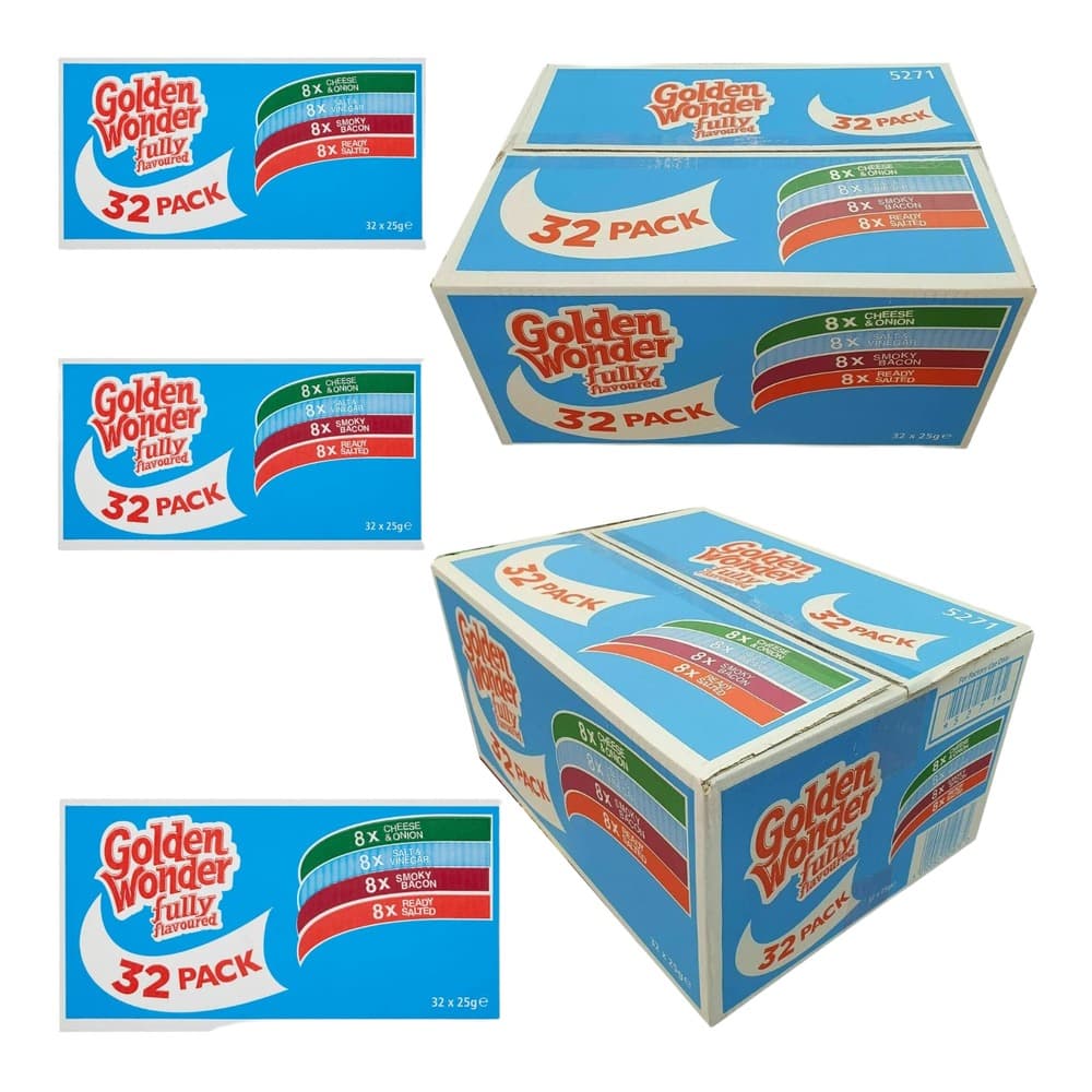 Multiple views of Golden Wonder Fully Flavoured crisps 32 pack boxes showing front panels and packaging designs with flavour varieties including Cheese & Onion, Salt & Vinegar, Smoky Bacon, and Ready Salted.