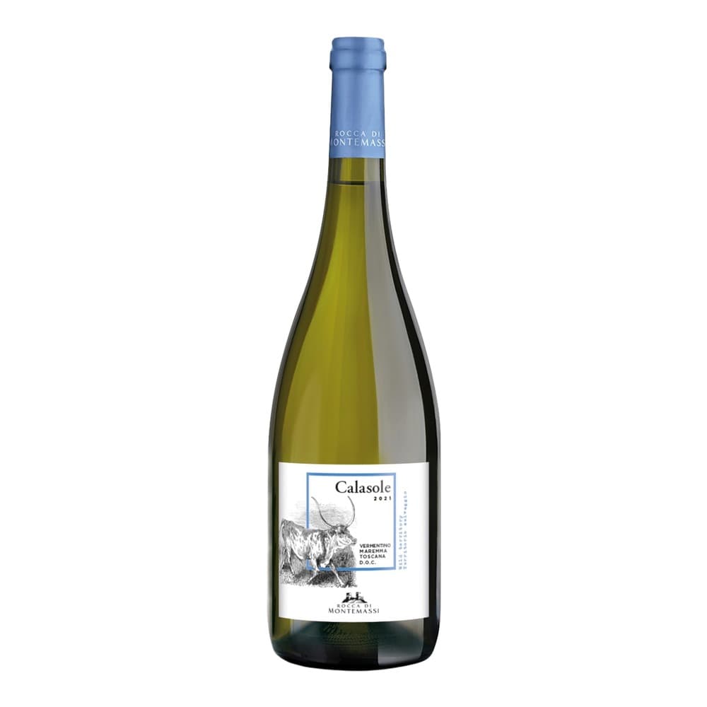 A bottle of Calasole 2021 Vermentino white wine from Rocca di Montemassi, Toscana, displayed against a plain white background.