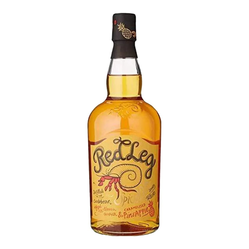 A bottle of Red Leg Caribbean spiced and pineapple rum with a black cap and gold pineapple logo on a white background.