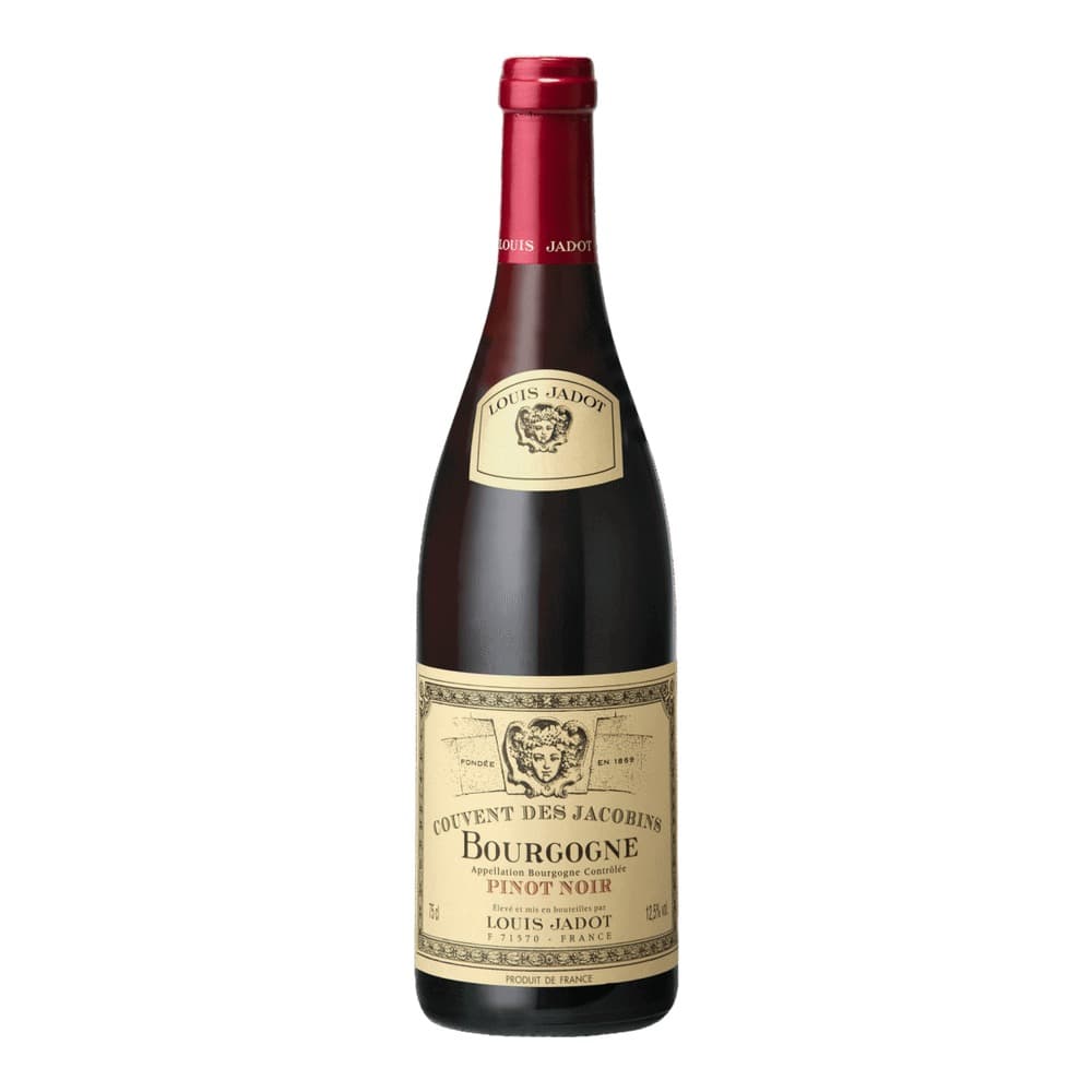 A bottle of Louis Jadot Couvent des Jacobyns Bourgogne Pinot Noir red wine against a white background.