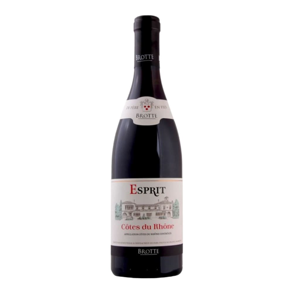 A bottle of Brotte Esprit Côtes du Rhône red wine on a plain white background, featuring a white label with an architectural building illustration.