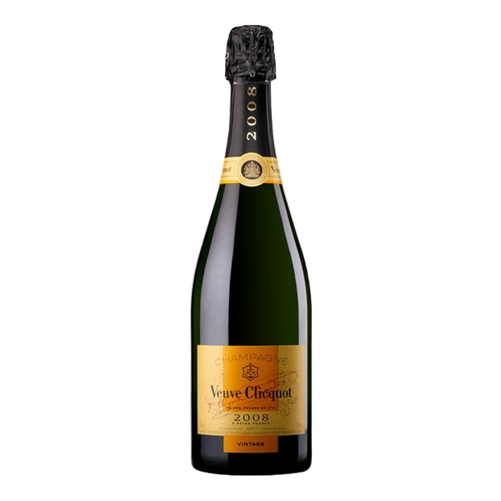 A bottle of Veuve Clicquot 2008 vintage champagne with black foil and gold label on a white background.