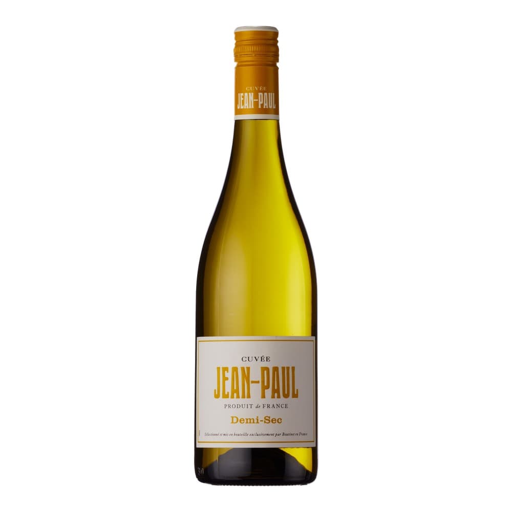A bottle of Cuvée Jean-Paul Demi-Sec white wine against a plain white background, showing the full label and golden-yellow liquid inside.