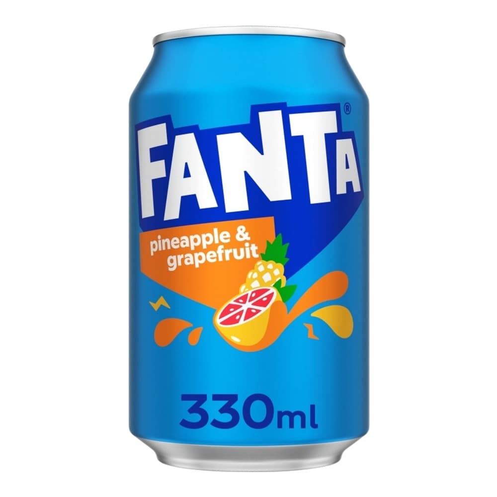 A blue Fanta soft drink can featuring pineapple and grapefruit fruit imagery, 330ml size, isolated on white background