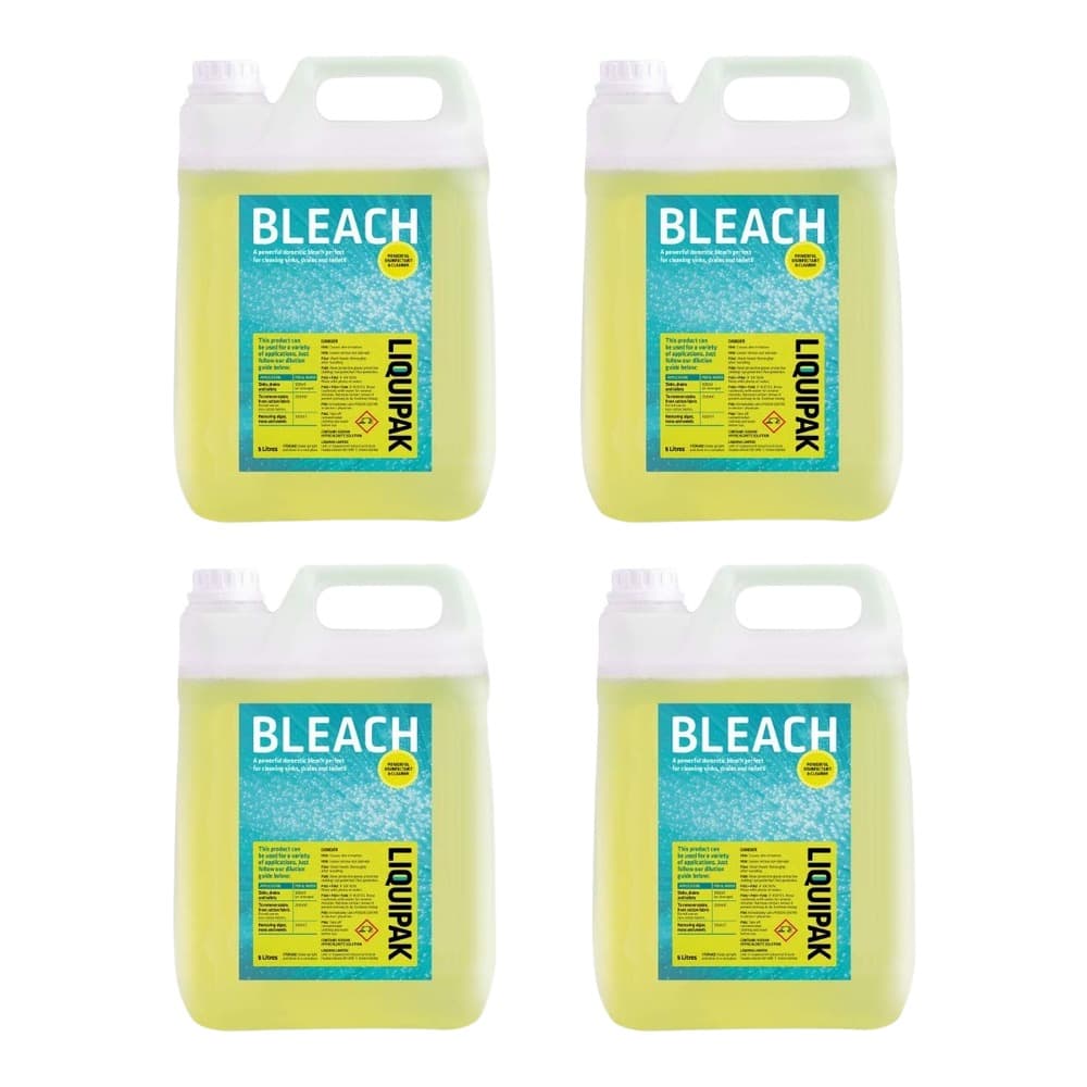 Four large plastic containers of Limpak bleach with yellow liquid and blue labels featuring the bleach branding and hazard warning symbols.