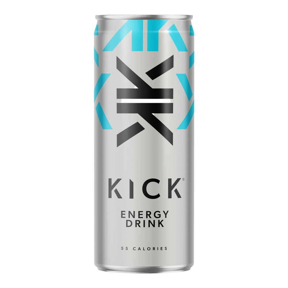 A silver aluminium can of Kick Energy Drink featuring a stylised geometric logo with turquoise and black elements, labelled as containing 55 calories.