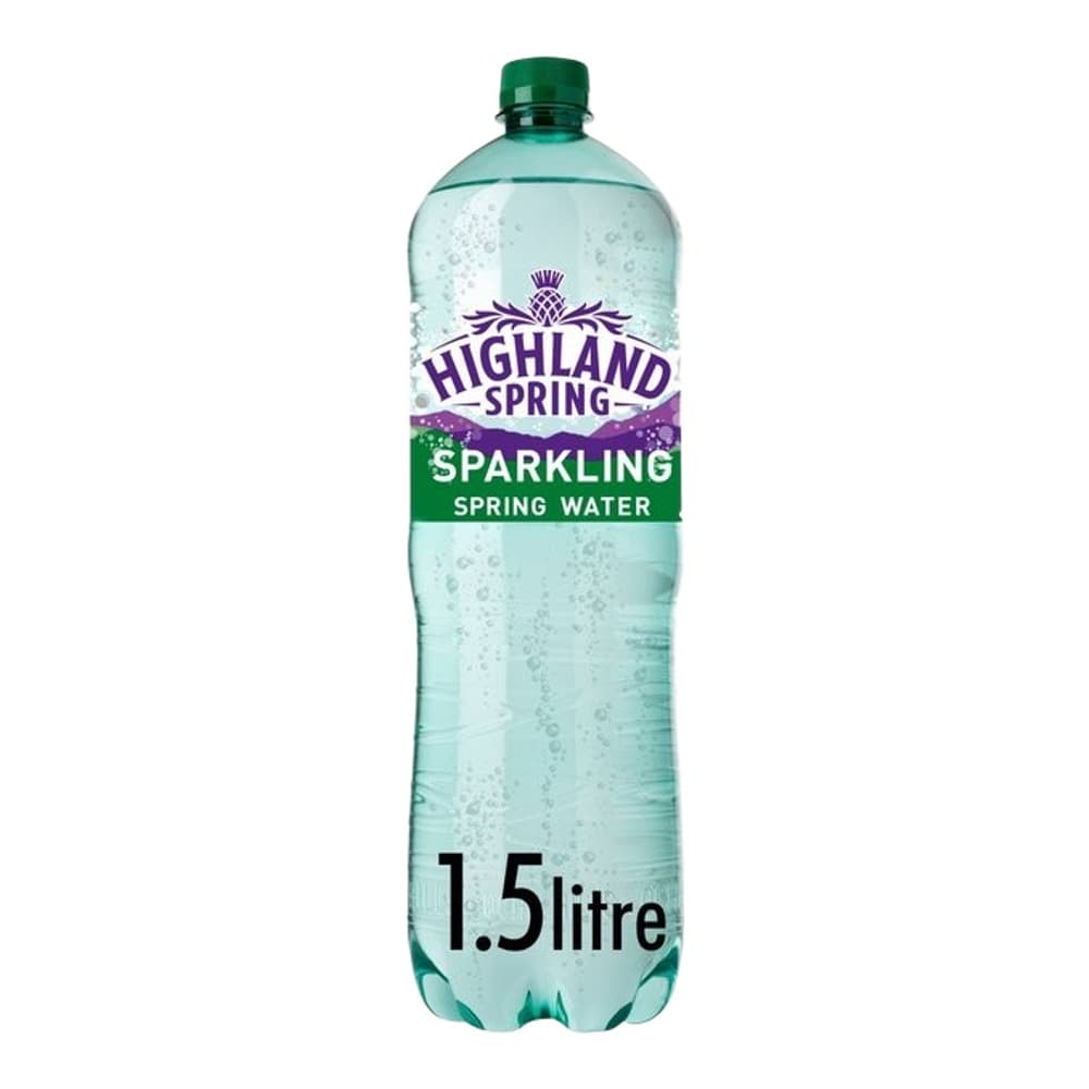 Highland Spring Sparkling Spring Water bottle showing a 1.5 litre plastic bottle with green cap and purple branded label on a white background
