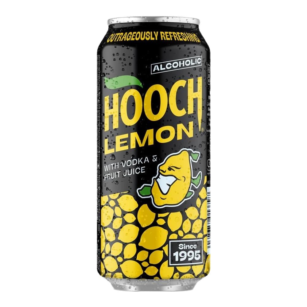A black and yellow Hooch Lemon alcoholic beverage can with vodka and fruit juice, featuring a cartoon lemon character and condensation droplets on the surface.