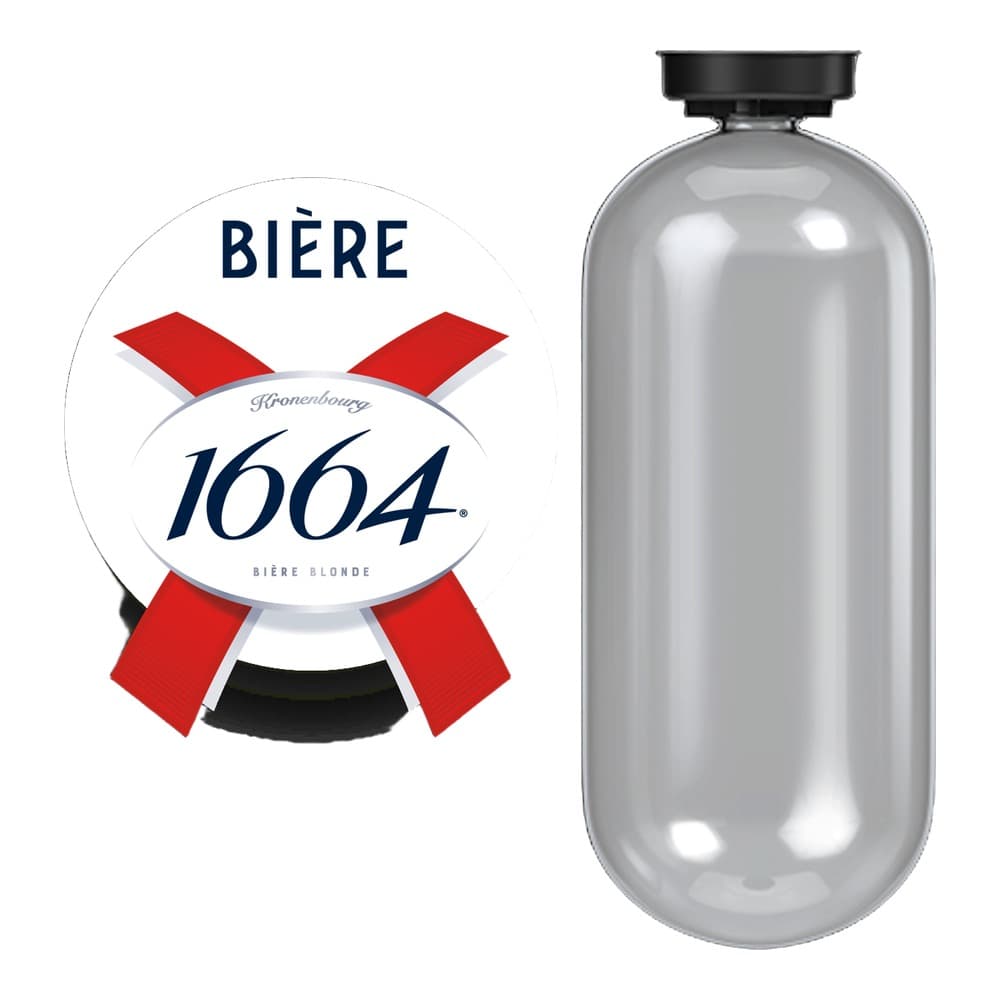 A Kronenbourg 1664 beer draught canister with red and white branding label next to a clear pressurised bottle on a white background.