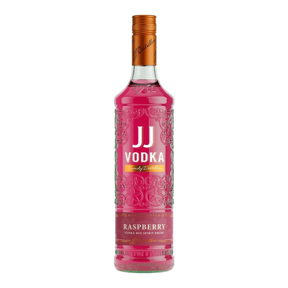 A bottle of JJ Raspberry Vodka with a bright pink liquid, ornate label design, and gold screw cap on a white background.
