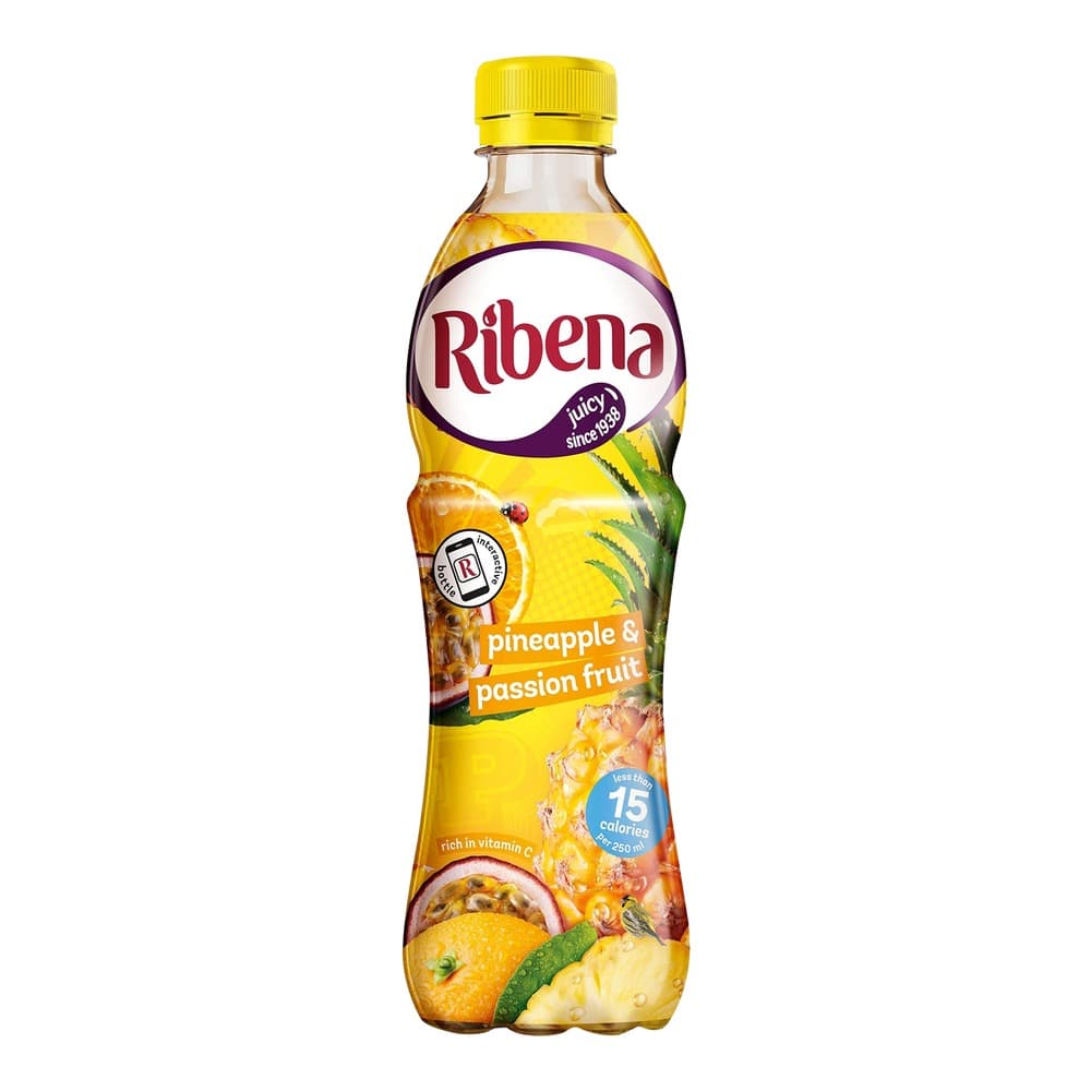 A bottle of Ribena pineapple and passion fruit juice with a yellow cap and label featuring tropical fruit imagery on a white background.