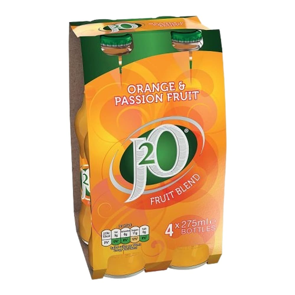 A four-pack of J20 Orange and Passion Fruit juice bottles with green and orange labelling against a white background