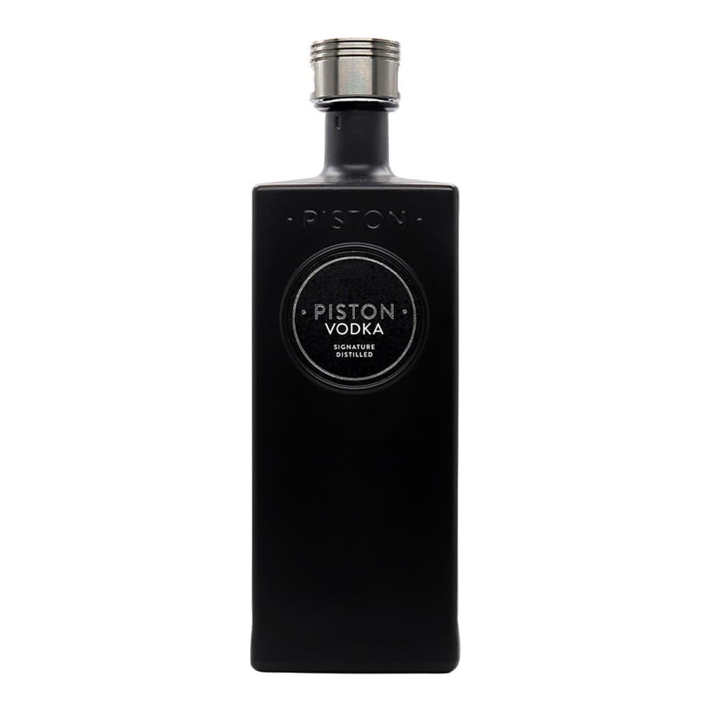 A black rectangular Piston Vodka bottle with a metallic silver cap and circular logo on a white background.
