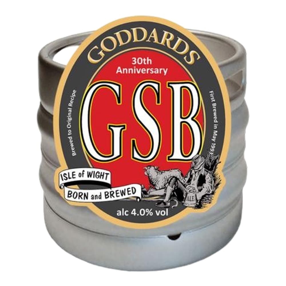A silver metal beer keg with a decorative Goddards GSB 30th Anniversary ale label featuring red and gold branding