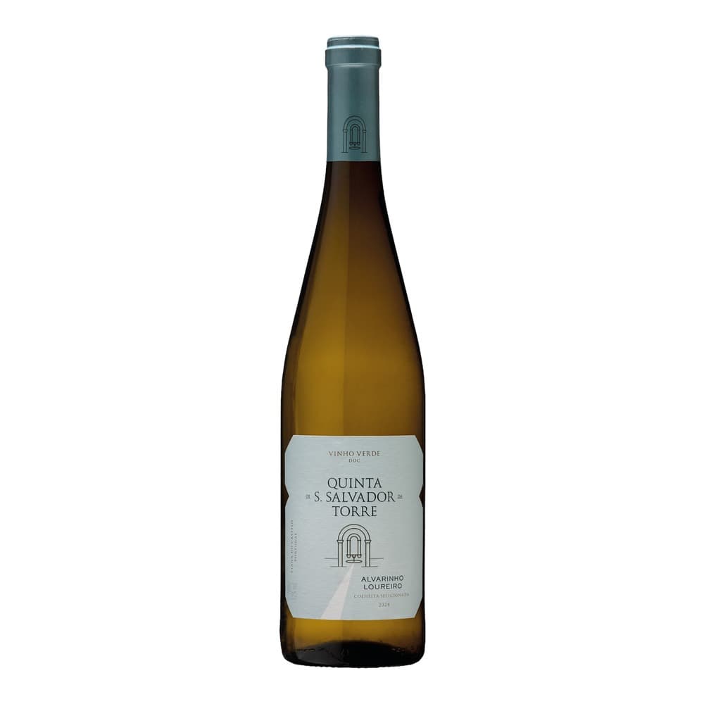A bottle of Quinta S. Salvador Torre Vinho Verde white wine with a grey label and teal-coloured capsule, photographed against a white background.