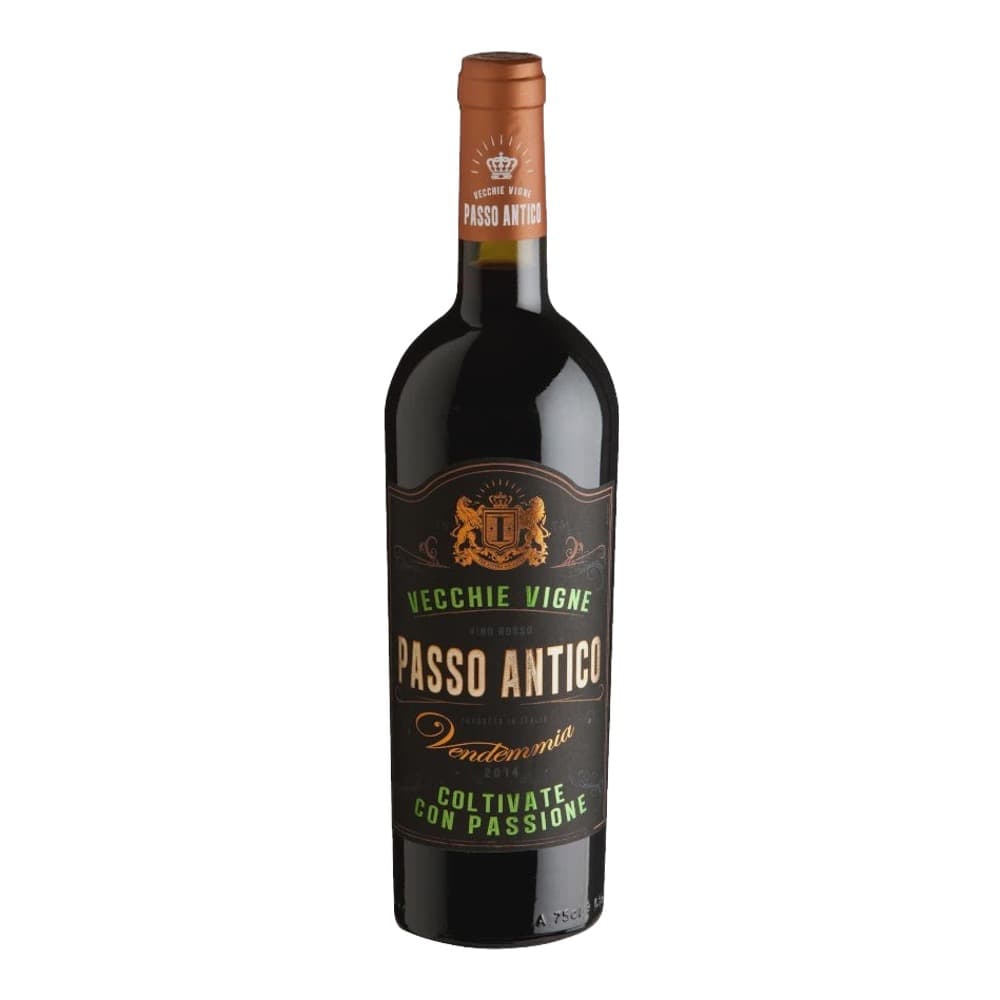 A bottle of Vecchie Vigne Passo Antico Italian red wine with dark label and copper foil on a plain white background.